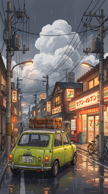 Lofi Illustration of a Green Mini Cooper in a Japanese Street - Free mobile Wallpaper