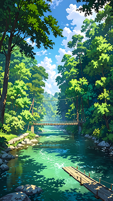 Lush Green Forest River Anime Style Scenic View - Free mobile Wallpaper
