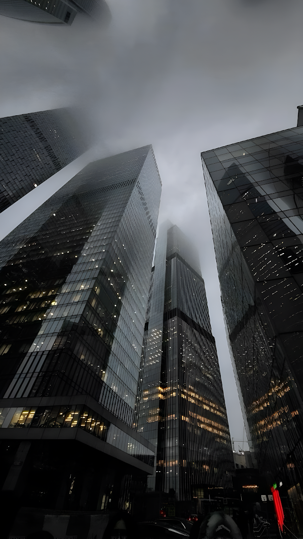 Towering Skyscrapers Vanishing Into Foggy Sky