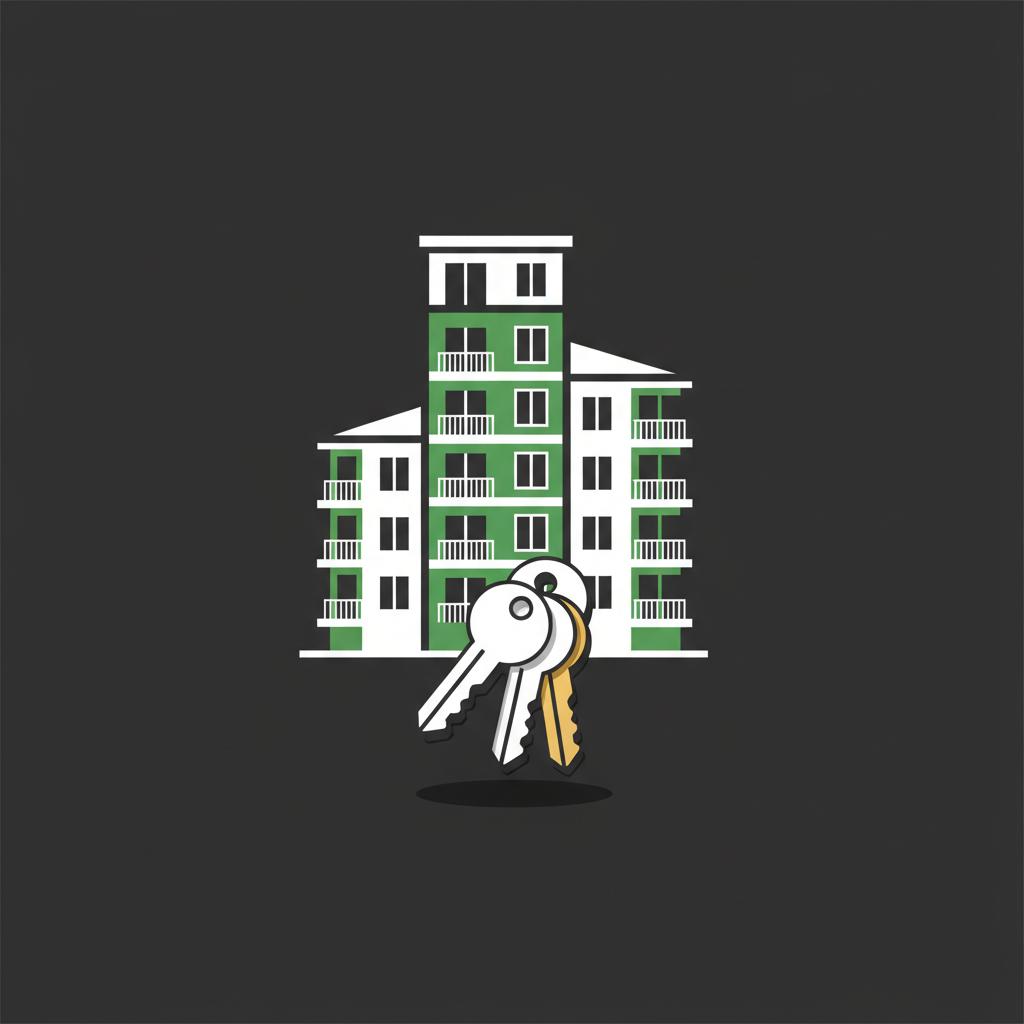 Minimalist 2D vector of a small stack of keys overlapping a simplified city rental property facade representing rental scaling and property management how to get started in real estate
