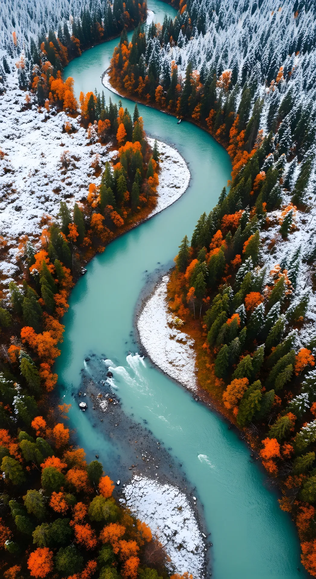Turquoise River Autumn Snow - Free 4K mobile Wallpaper