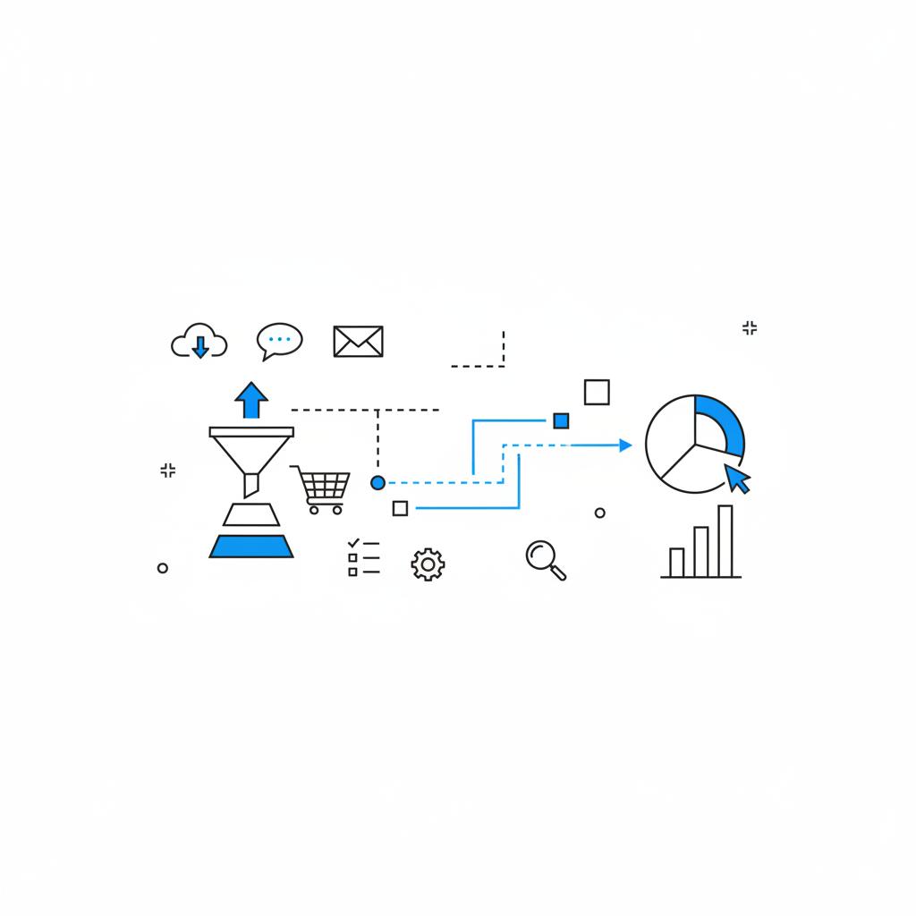 Notebook-style vector sketch of neighborhood offline tactics&mdash;row of houses, mailers, yard signs and a QR-code path leading to a storefront map pin; how do landscapers get leads