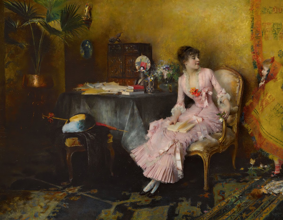 Jeune Femme En Rose Avec Son Enfant 1882