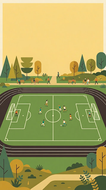 Minimalist Mid-Century Park Soccer Field Illustration - Free mobile Wallpaper