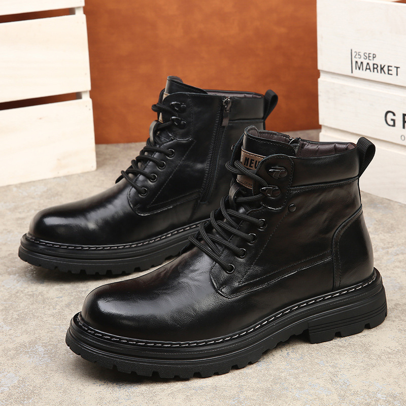 Men's leather boots, genuine leather, lined, lace-up boots