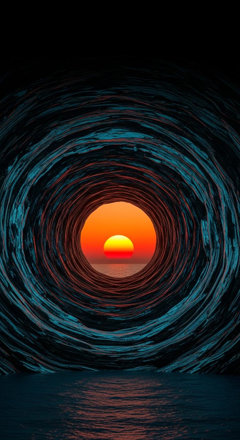 Surreal Abstract Tunnel Framing a Bright Orange Sunset Over the Sea - Free 4K mobile Wallpaper