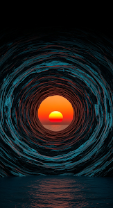 Surreal Abstract Tunnel Framing a Bright Orange Sunset Over the Sea