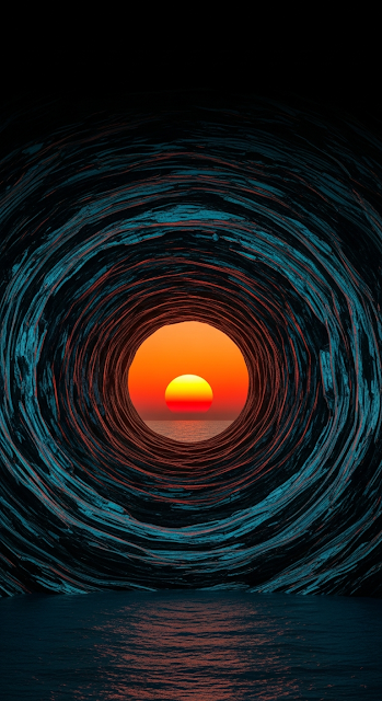 Surreal Abstract Tunnel Framing a Bright Orange Sunset Over the Sea - Free mobile Wallpaper