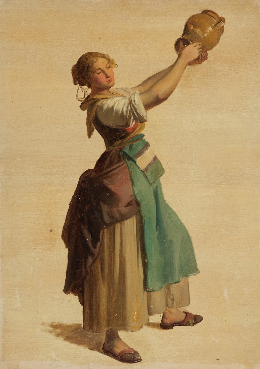 Junge Frau nach rechts einen Krug in die Höhe haltend ca 1832 1836