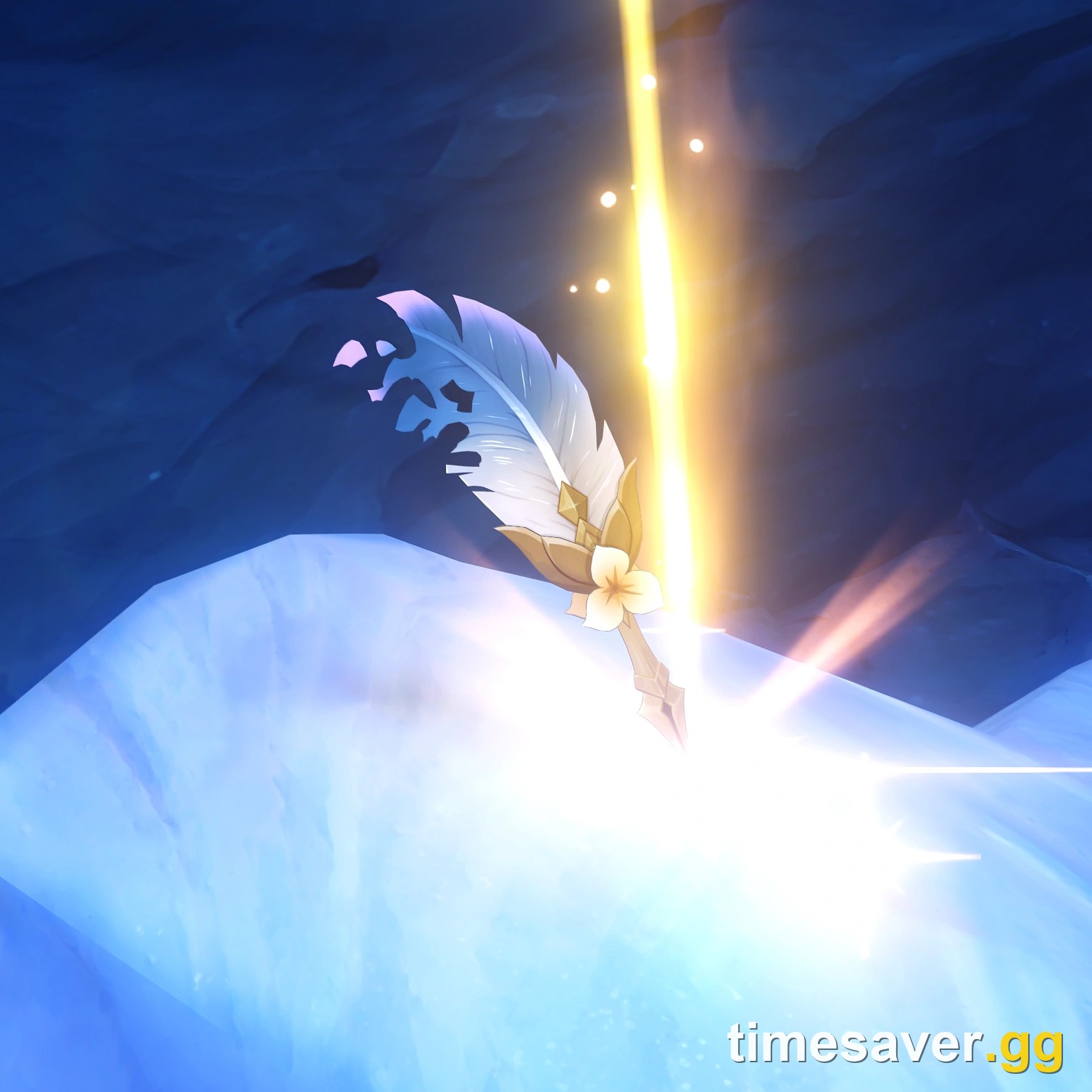 The Dust of Enlightenment item in Genshin Impact rendered in the open world as a glowing white quill on an ice shelf, the material consumed by Artifact Reshaping