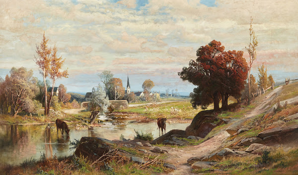 Landscape with Cows Watering and Town in Background
