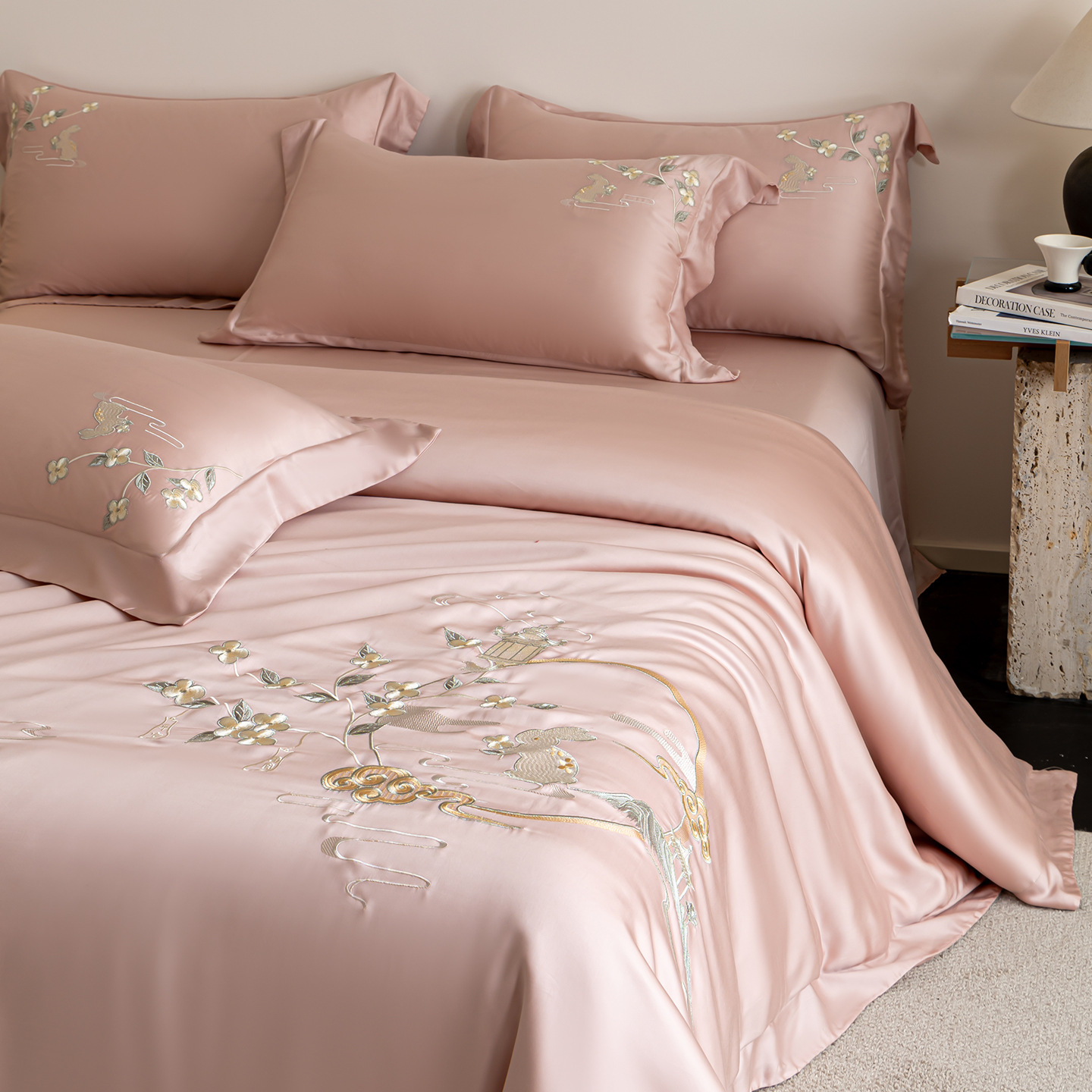 Cotton bed linen 4-piece, embroidery, floral pattern