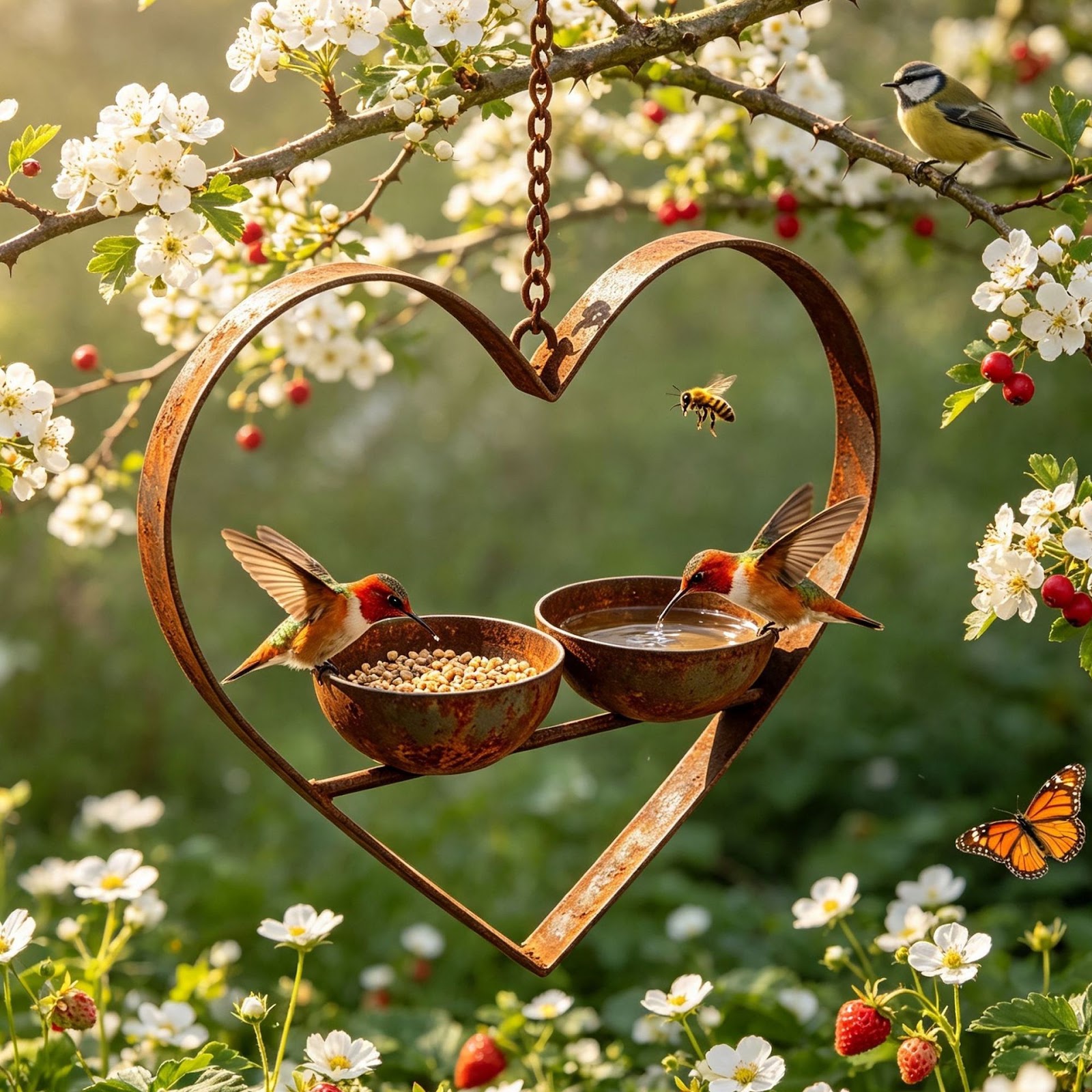 Heart-shaped metal bird feeder with two bowls