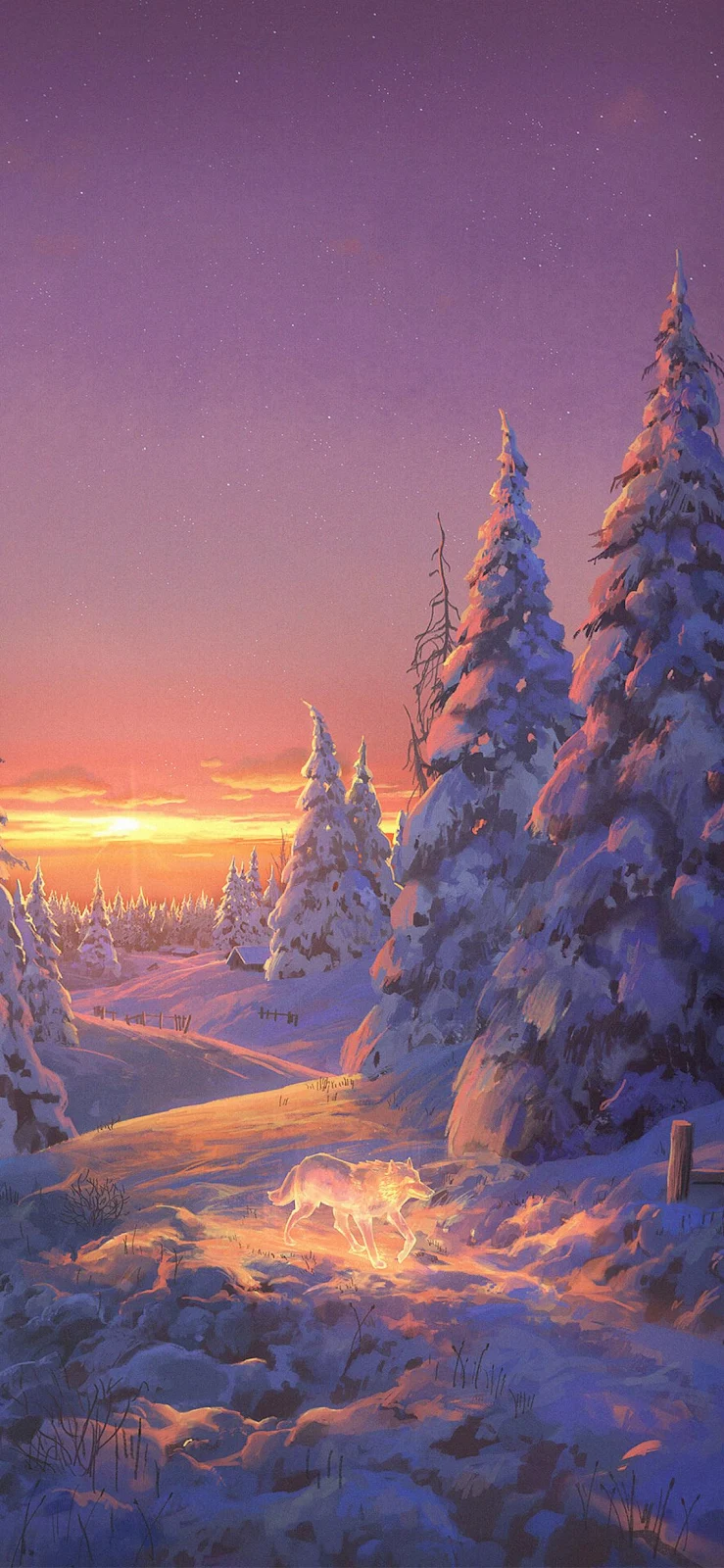 Glowing Wolf In Winter Sunset - Digital Illustration Full HD iPhone Wallpaper (1134x2456)