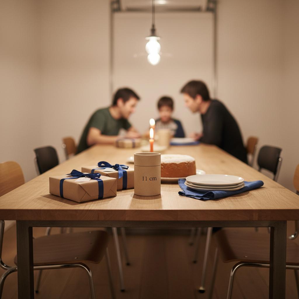 Intime Esszimmeraufnahme mit Geschenken und schlichtem Vanillekuchen im leicht-industriellen Stil, minimalistisch und ruhig — ungewöhnliche party-ideen für kleine Familien.