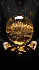 Hands Holding Glowing City in Golden Orb