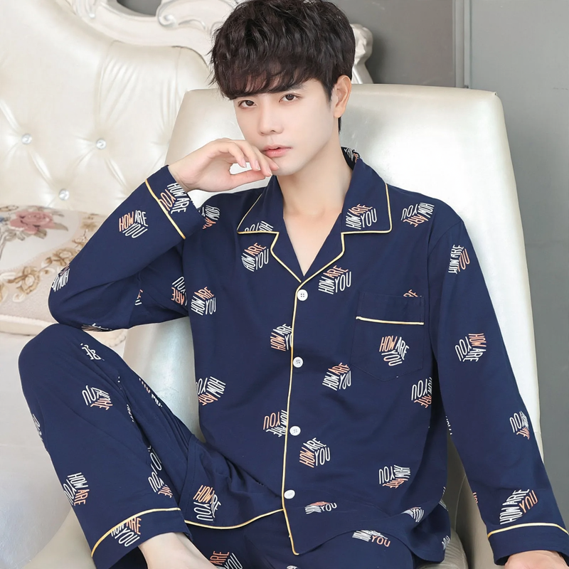 Herren-Pyjama-Set, 100% Baumwolle, Langarm