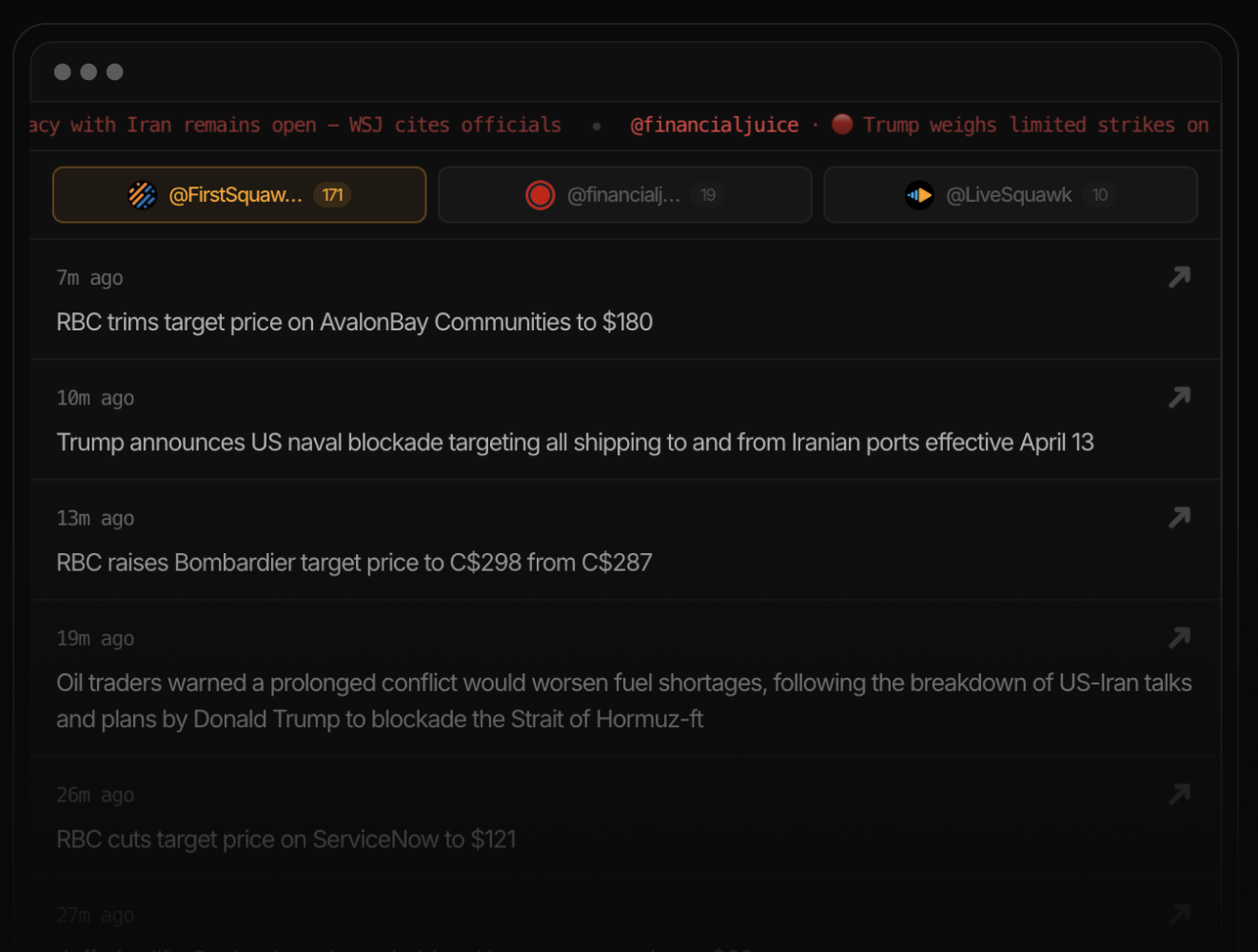FT Intel live news feed showing three wire sources