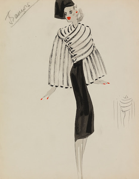 Manteau court blanc travaillée en bandes sur robe noire 1938