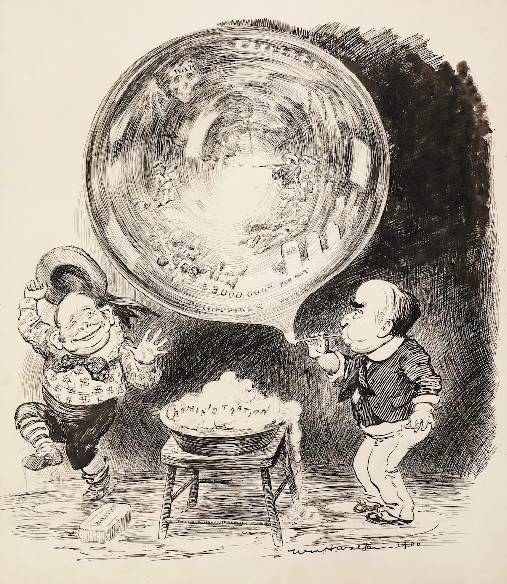 Two men depicted as boys use soap representing politics and the administration t