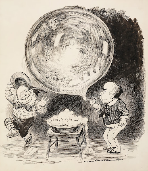 Two men depicted as boys use soap representing politics and the administration t