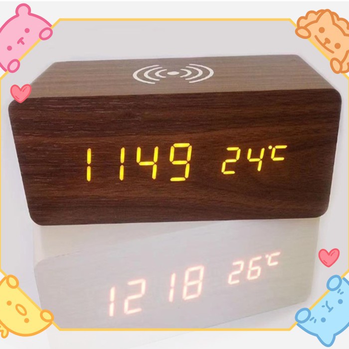 Wooden digital clock with wireless charging function for smartphones