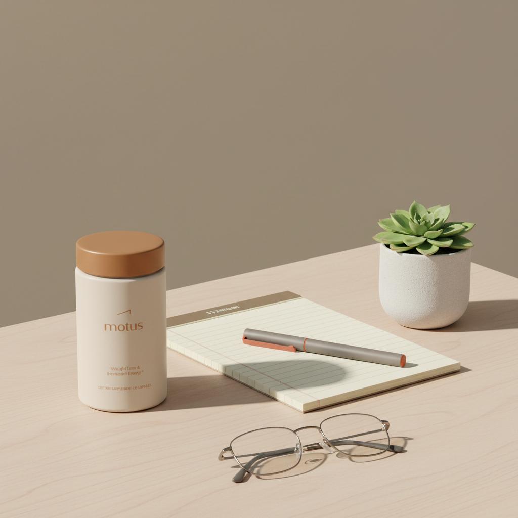 Tonum Nouro container on a minimalist wooden tabletop with notepad, reading glasses and plant, suggesting a daily habit to reduce brain fog and support cognitive clarity.