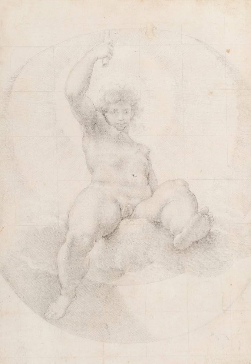 Apollo seated on a cloud holding a torch aloft