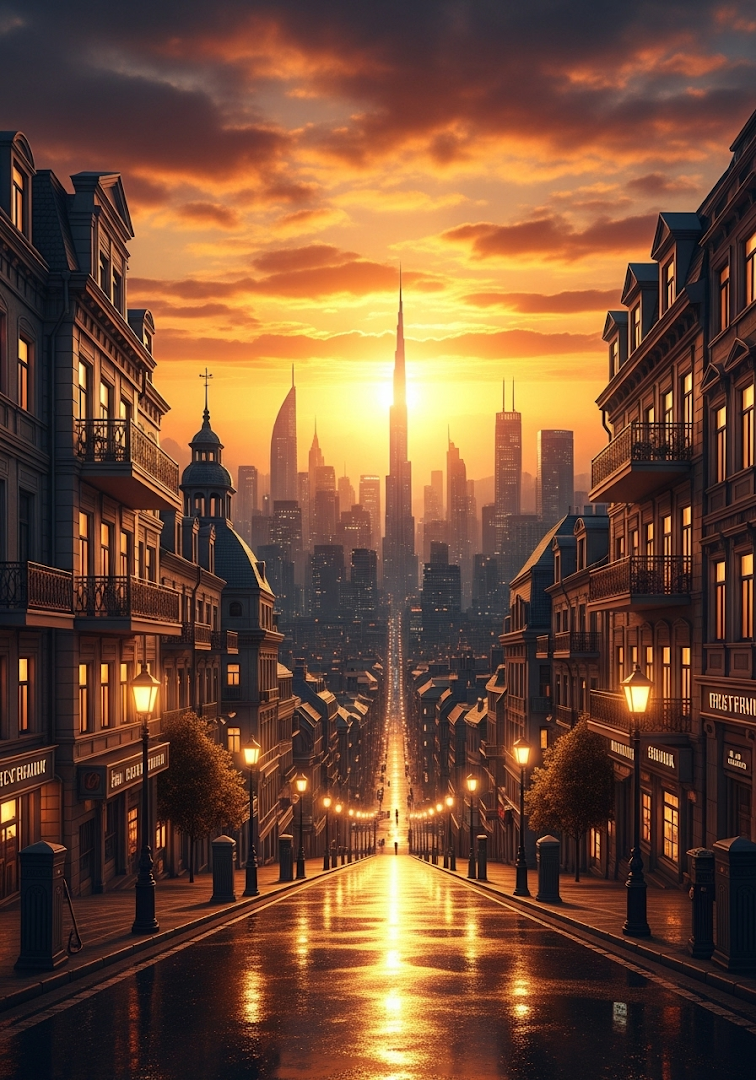 Golden Hour City Street View Dubai Sunset Sky