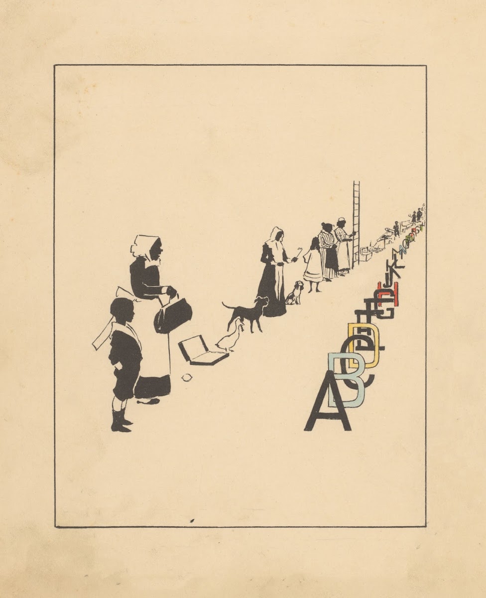 Rijen met letters van het alfabet mensen dieren en voorwerpen 1880 1910