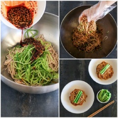Đun sôi nồi nước, choi mì soba vào luộc chín khoảng 8 phút, cho chút dầu vào để mì không bị dình. Mì chín thì lấy ra xả qua nước lạnh khoảng 1 phút rồi cho mì vào tô, thêm dưa leo bào và rưới nước sốt vào trộn đều. Cho mì ra dĩa, xếp dưa leo xắt sợi lên trên cùng 1/2 trứng luộc.