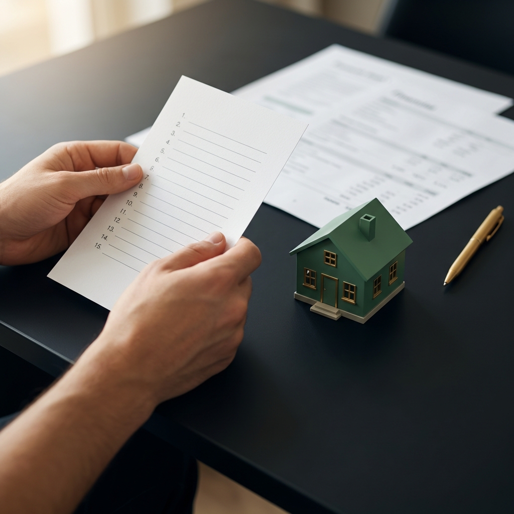 Close up of hands holding a checklist and a small house model on a desk with blurred financial papers showing how to get into real estate investing
