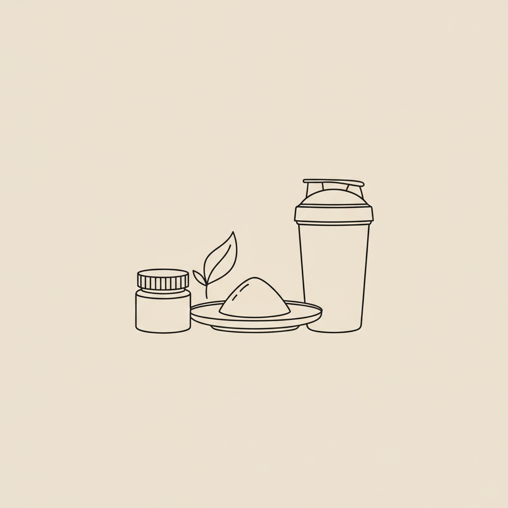 Minimalist Tonum-style line illustration of a plate with a scoop of protein powder, a shaker bottle, a small jar, and a leaf on a beige background