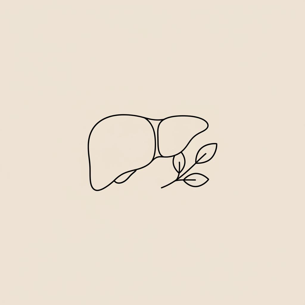 Minimalist Tonum-style black-line liver illustration with a small leafy sprig on flat beige background #F2E5D5, 2D vector icon for liver detox.