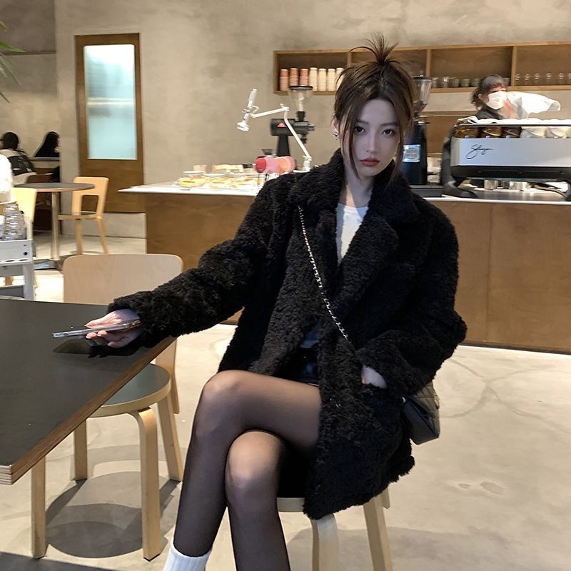 Teddy coat, black, padded, women's
