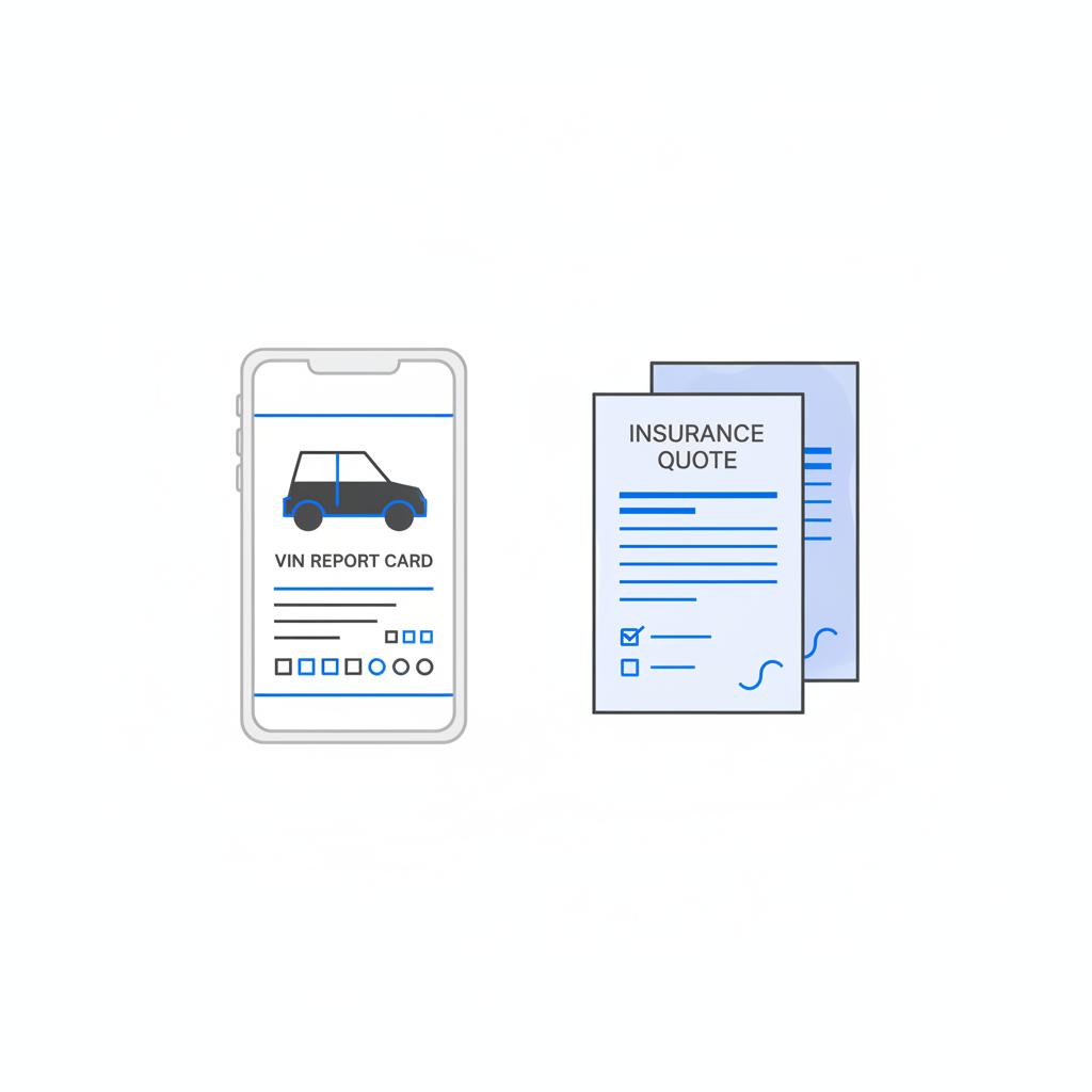 Minimal vector illustration of a phone showing a VIN report next to two insurance quote documents on a white table in CarFax Deals style used dodge challenger for sale