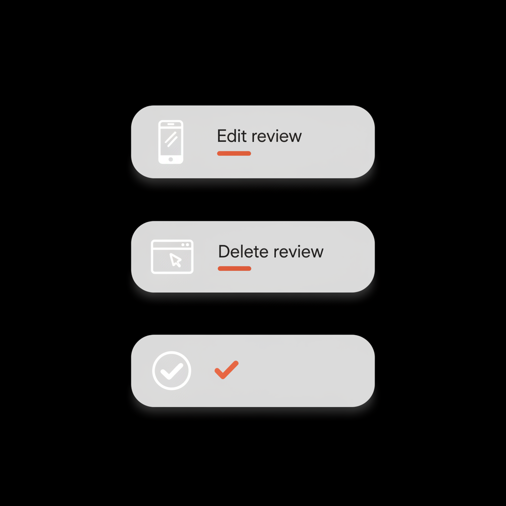 Vertical minimalist infographic on black background showing mobile, desktop, and checkmark icons with labels "Edit review" and "Delete review" to illustrate how to remove Google review