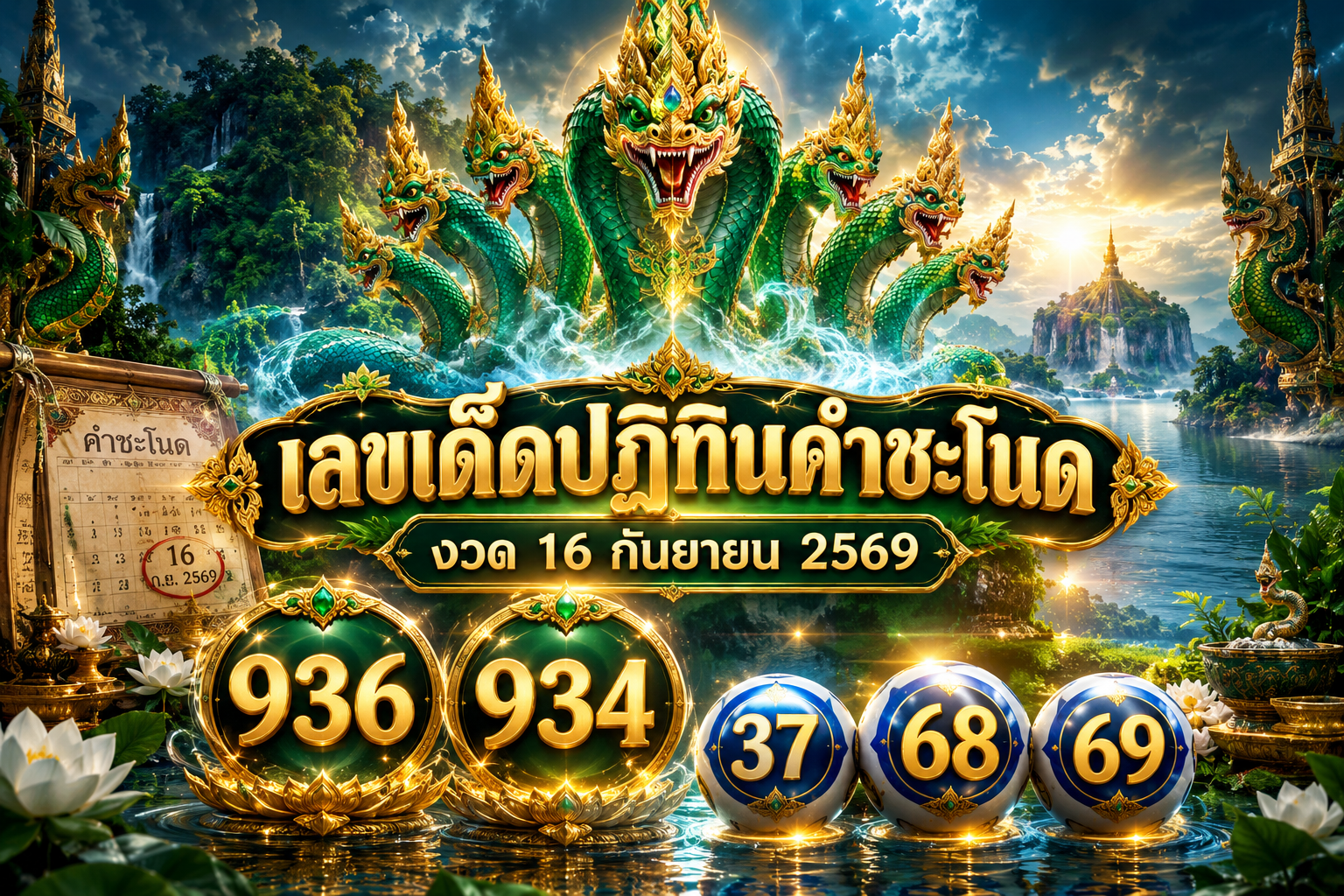 เลขเด็ดปฏิทินคำชะโนด งวด 16 กันยายน 2569 เปิดแนวทางพญานาค 2 ตัว 3 ตัวตรง