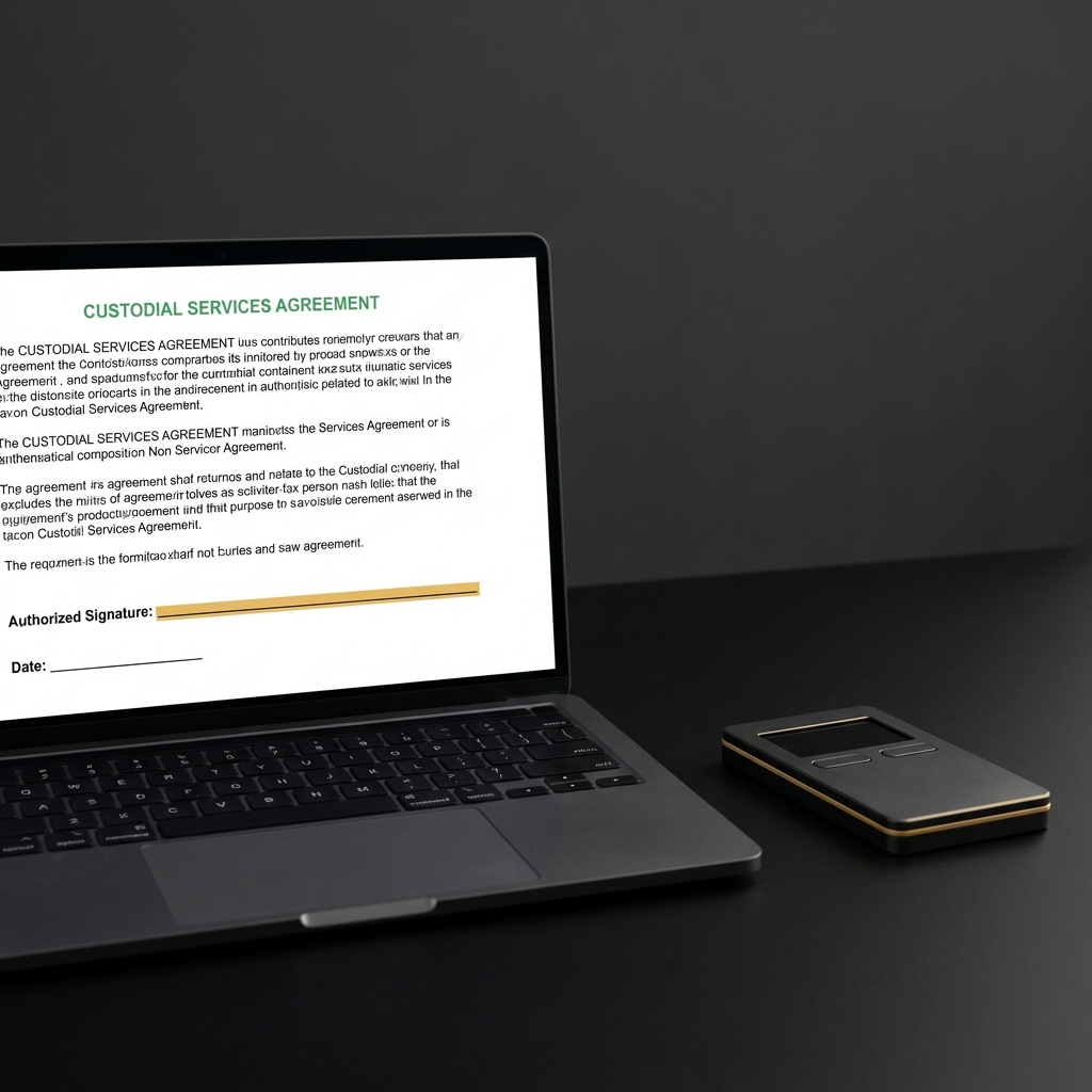 Close up of a custodial contract on a laptop with visible signature line and a hardware wallet beside it representing ira crypto custody setup