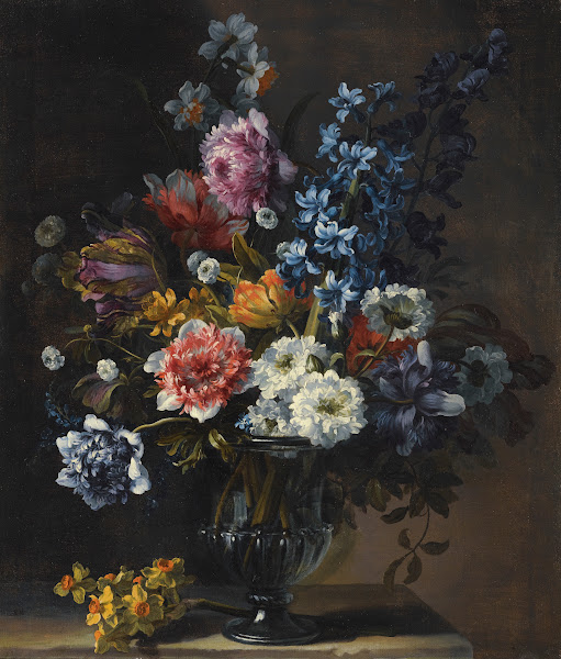 A Still Life With Tulips A Hyacinth And Other Flowers In A Glass Vase On A Stone