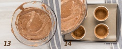 Cẩn thận rót hỗn hợp trên vào khuôn ramekin. Không nên rót hỗn hợp đầy cốc, chỉ nên để rót cách thành cốc 1cm. Lót giấy nến lên khay nướng và đặt khuôn bánh lên trên. Dùng ngón tay cái đùn đường dừa thừa trên thành cốc xuống bề mặt hỗn hợp vừa rót vào khuôn. Nướng bánh trong vòng 20 - 25 phút.