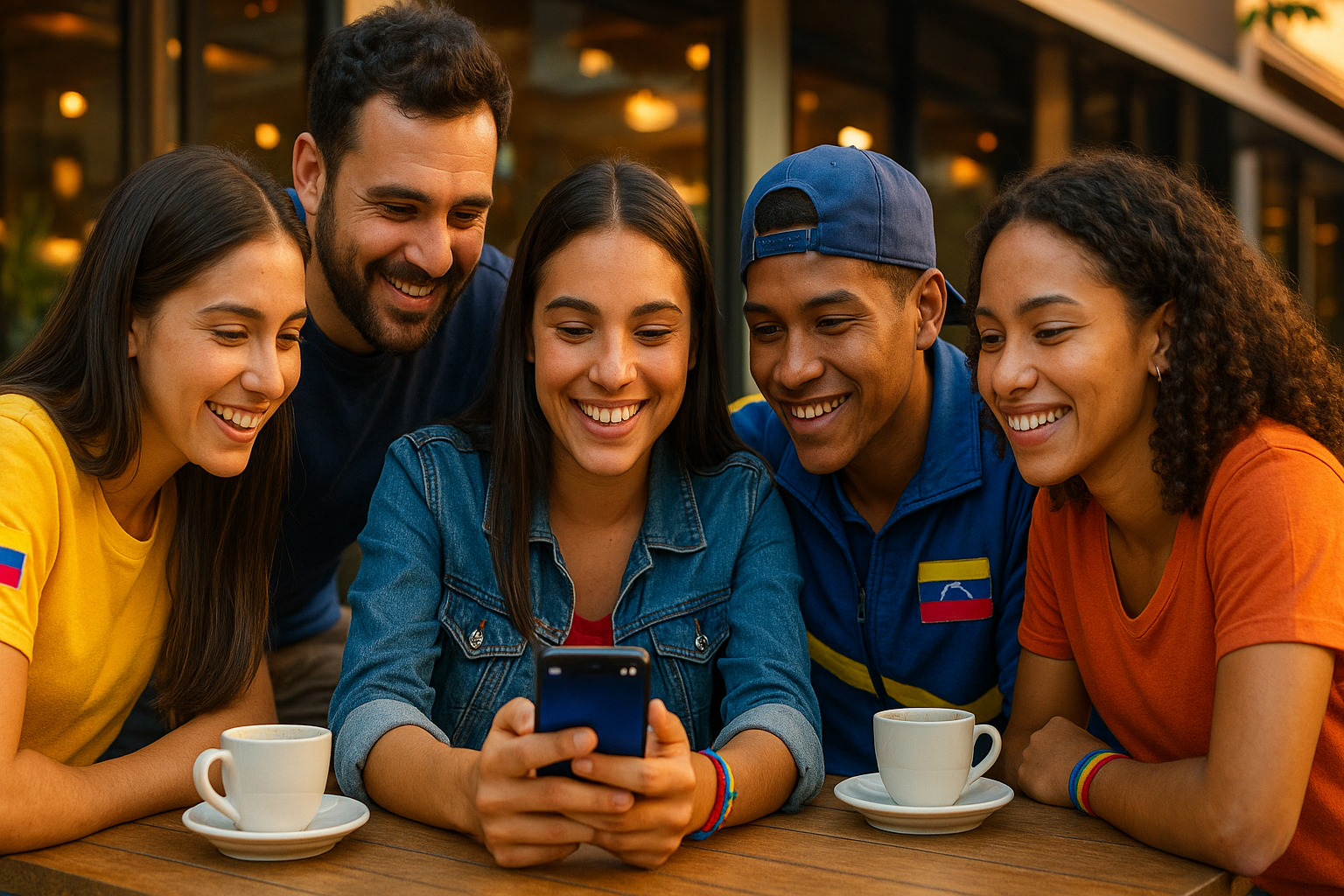 Migrantes venezolanos en una cafetería mirando un chat de WhatsApp con ofertas laborales