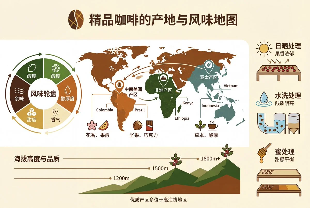 Infografía sobre el origen y el sabor del café de especialidad.