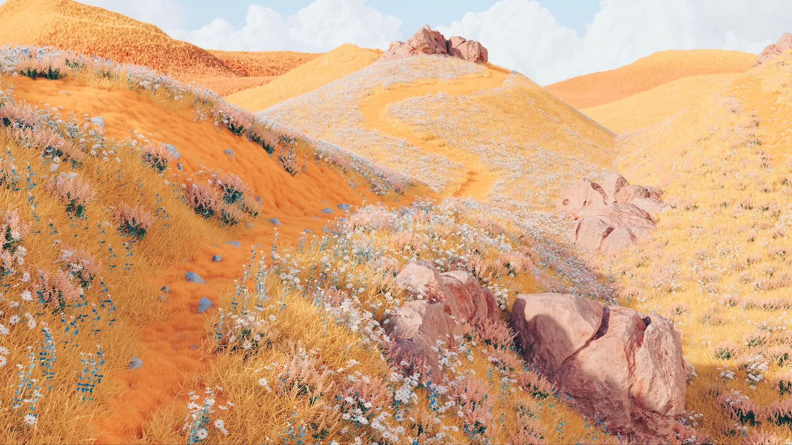 Golden Grass Hills With Wildflowers - 3D Digital Art 4K Wallpaper (3840x2161)