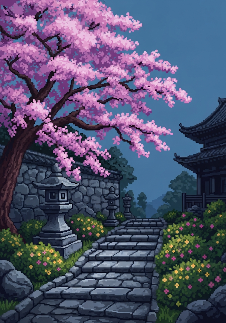 Moonlit Cherry Blossom Garden Pixel Art