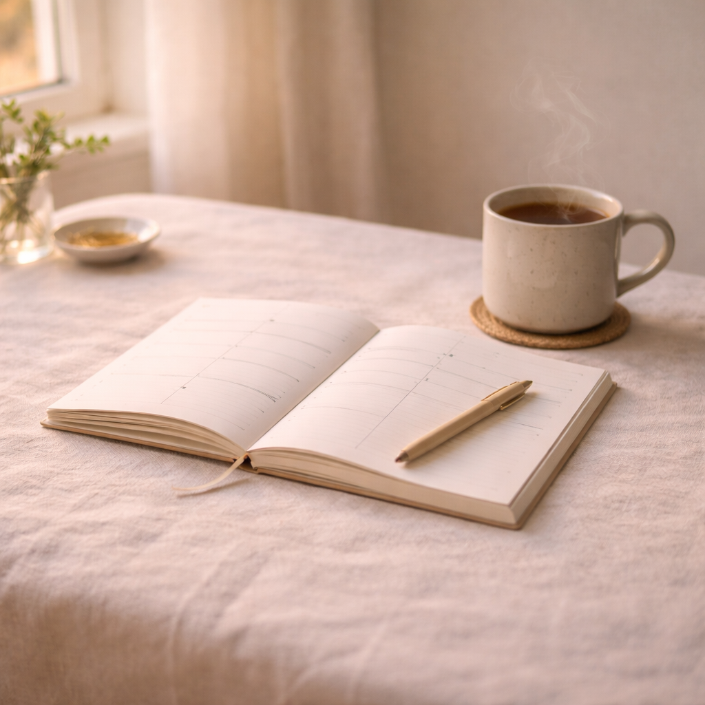 An open planner with a mug and pen on a linen surface in soft light