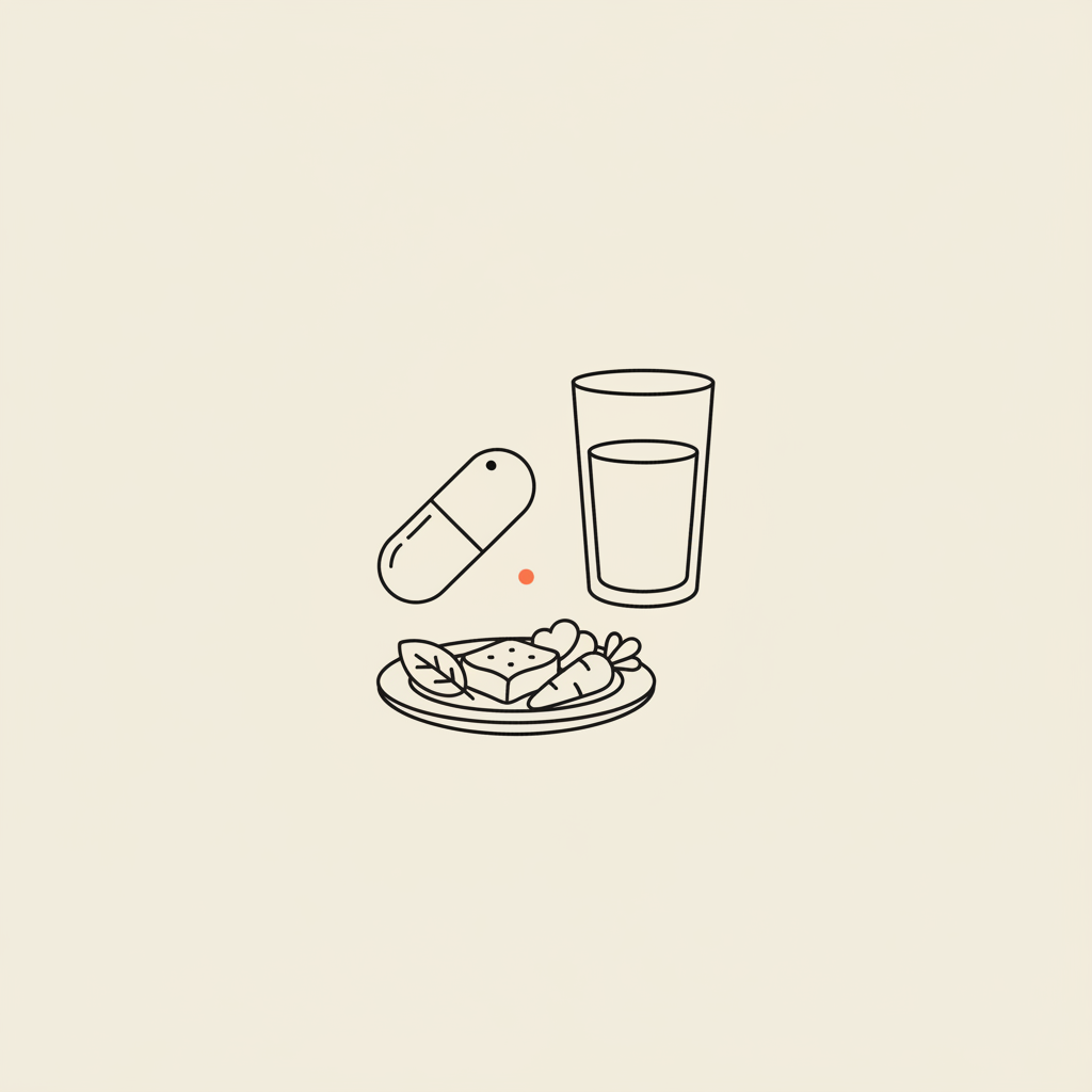 Minimal Tonum-style 2D vector line illustration of a capsule, glass of water, and plate with protein and vegetables on beige background, representing OTC appetite suppressants.