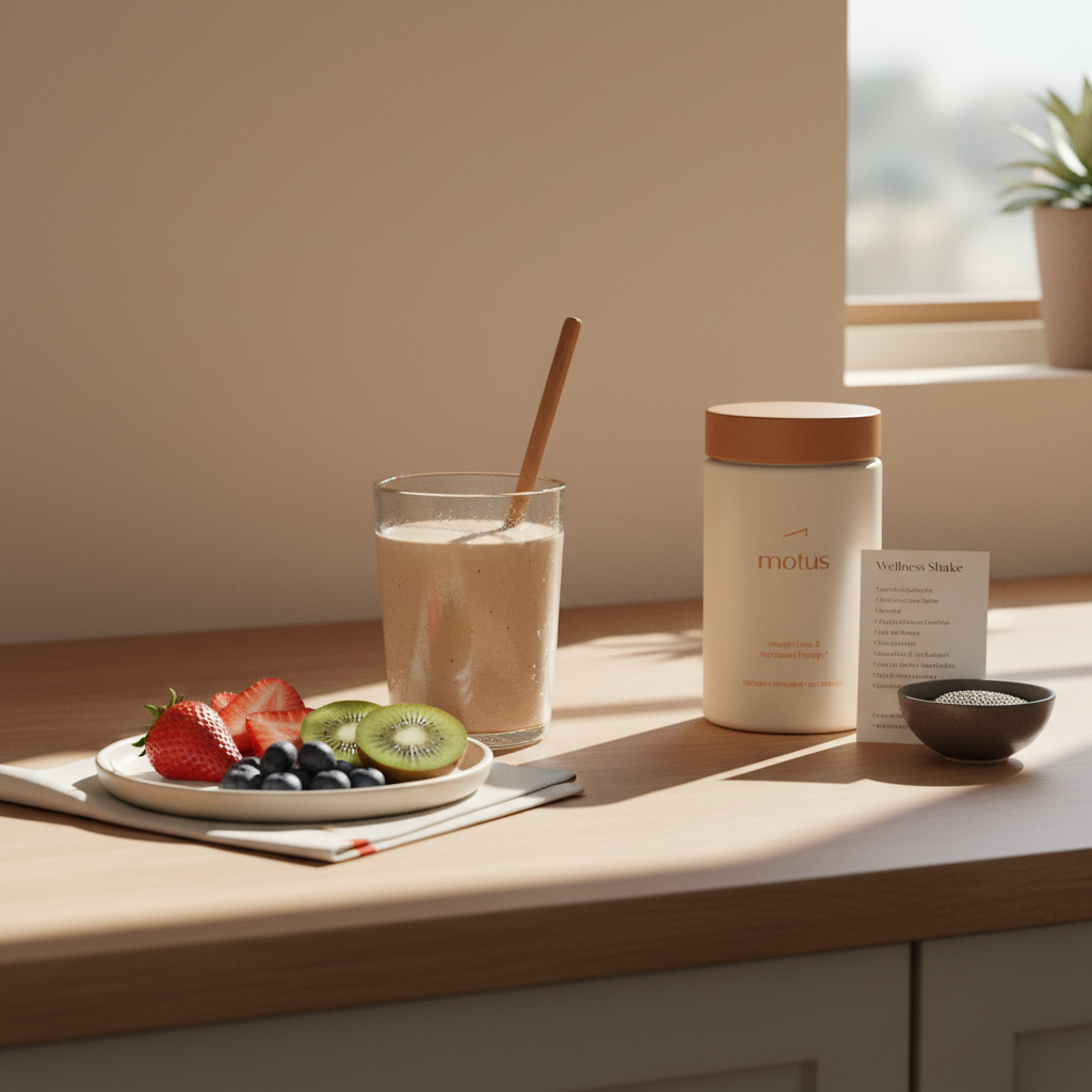 do weight loss shakes actually work: Tonum Motus jar from reference photo beside a clear glass thick shake on a minimalist counter with wooden spoon and plate of fruit, bright morning light