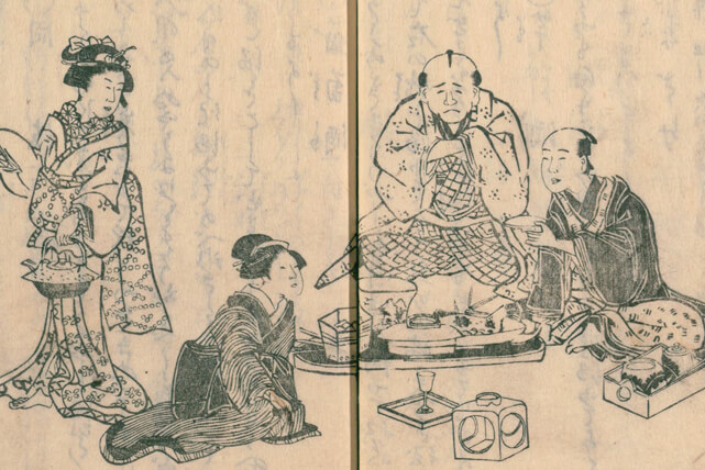 tranh cổ miêu tả quá trình làm sake ở nhà máy rượu