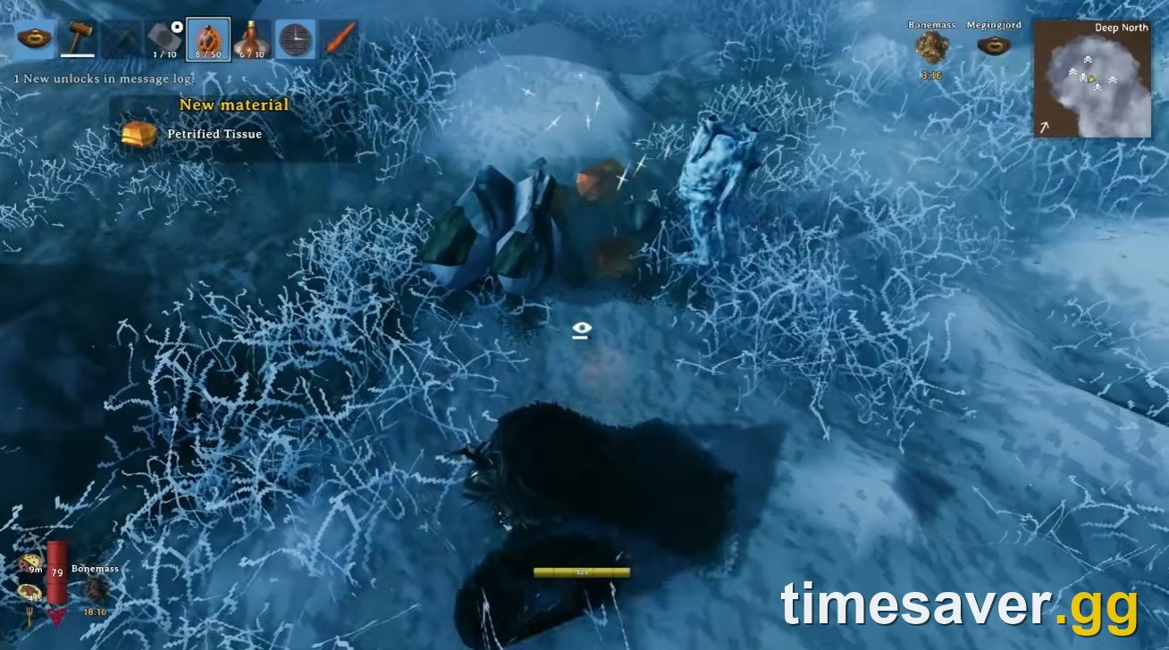 Petrified Gammeltroll statue and a Blast Furnace in Valheim's Deep North